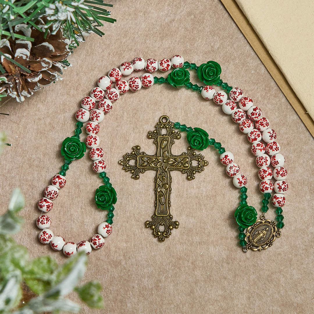 Christianartworkshop Christmas Gift: Red Floral Ceramic Beads Rosary with Green Rose: The Garden of Mary's Love - image 9