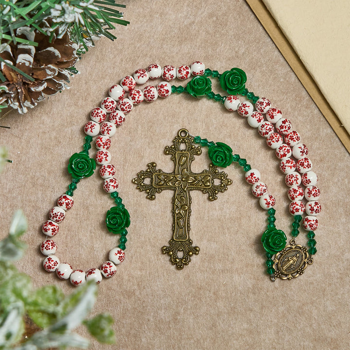 Christianartworkshop Christmas Gift: Red Floral Ceramic Beads Rosary with Green Rose: The Garden of Mary's Love - image 9
