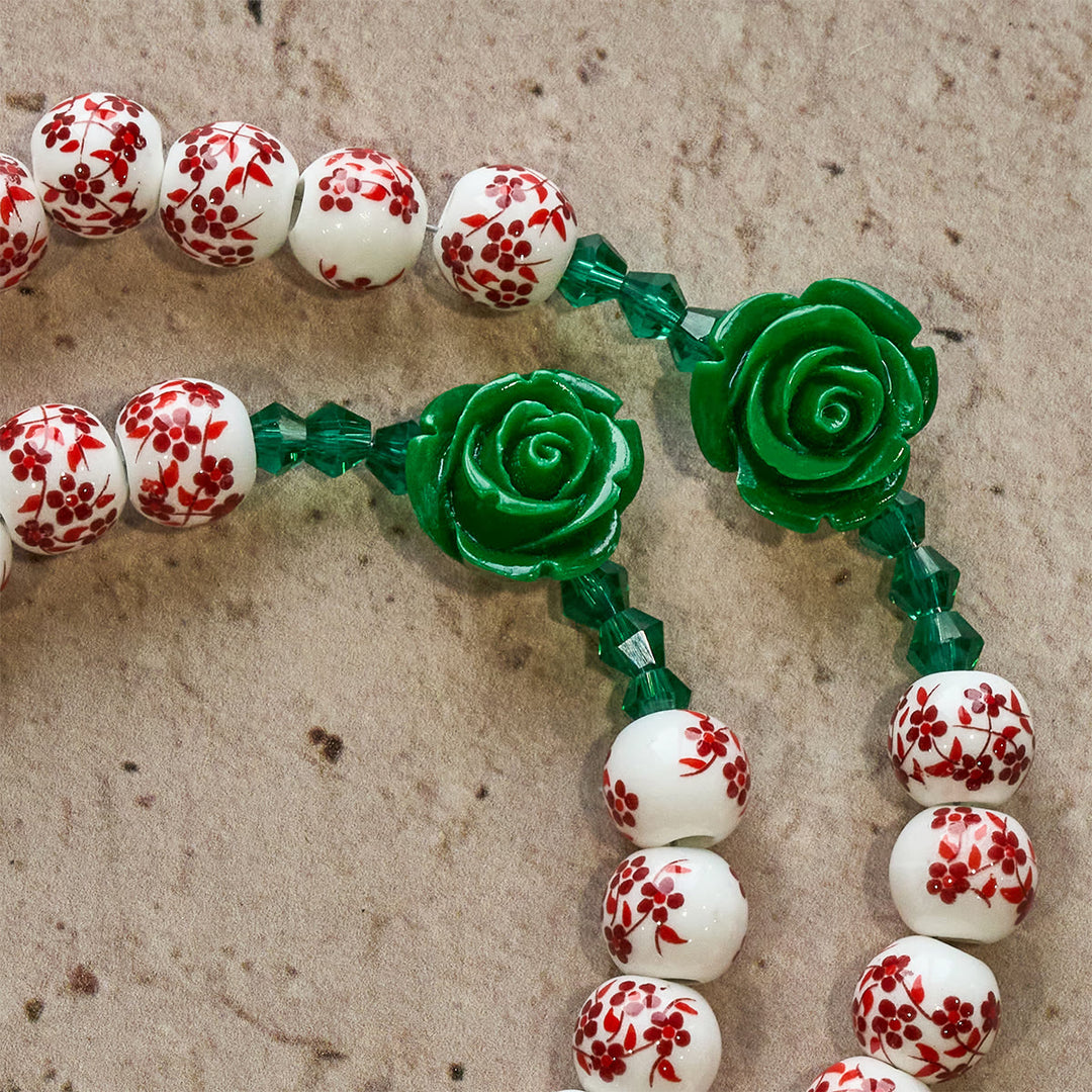 Christianartworkshop Red Floral Ceramic Beads Rosary with Green Rose: The Garden of Mary's Love - image 8
