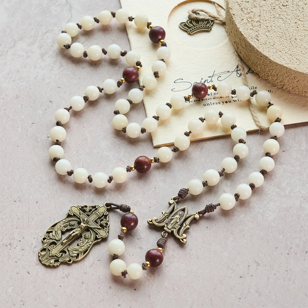 Christianartworkshop White Bodhi & Brown Wood Sacred Harmony Rosary with Antique Our Lady - image 3