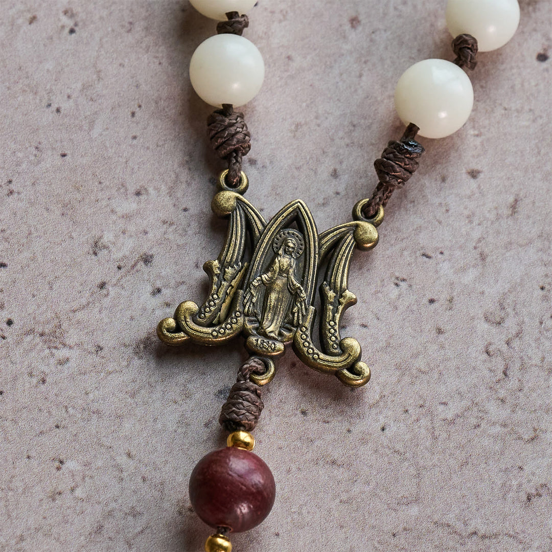 Christianartworkshop White Bodhi & Brown Wood Sacred Harmony Rosary with Antique Our Lady - image 8