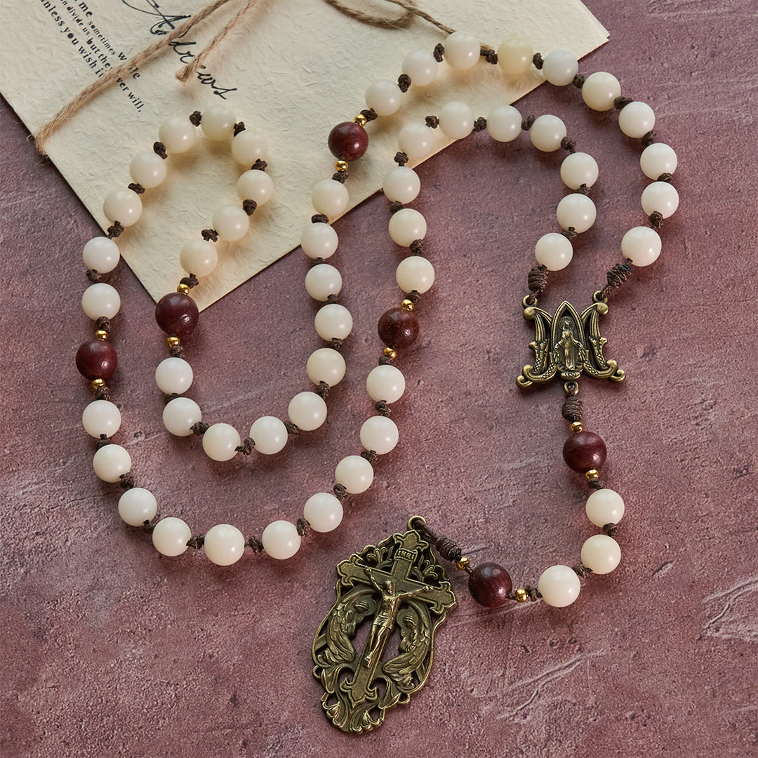 Christianartworkshop White Bodhi & Brown Wood Sacred Harmony Rosary with Antique Our Lady - image 5