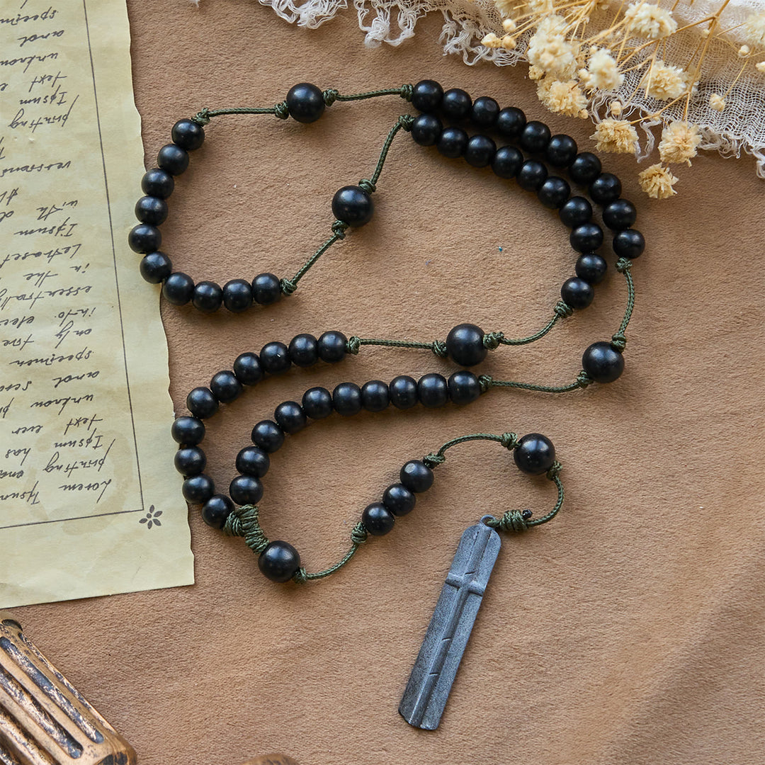 Christianartworkshop Rustic-Contemporary Cross of 7 mm Round Natural Wood Beads Rope Weaving Chain Rosary - image 3