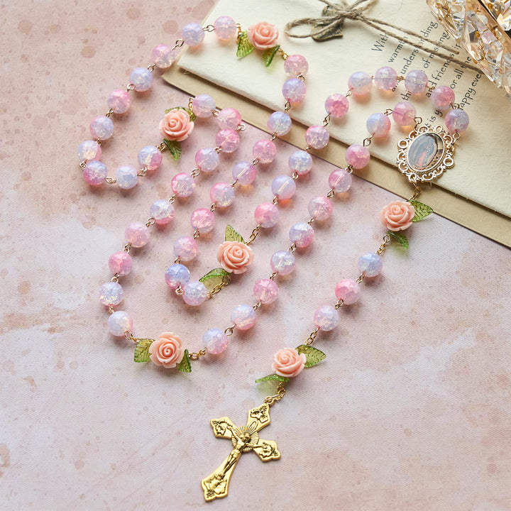 Christianartworkshop Virgin Mary with Rose-Accented Rosary: Timeless Faith & Floral Faith Symbol - Pink Rose with Crucifix - image 0