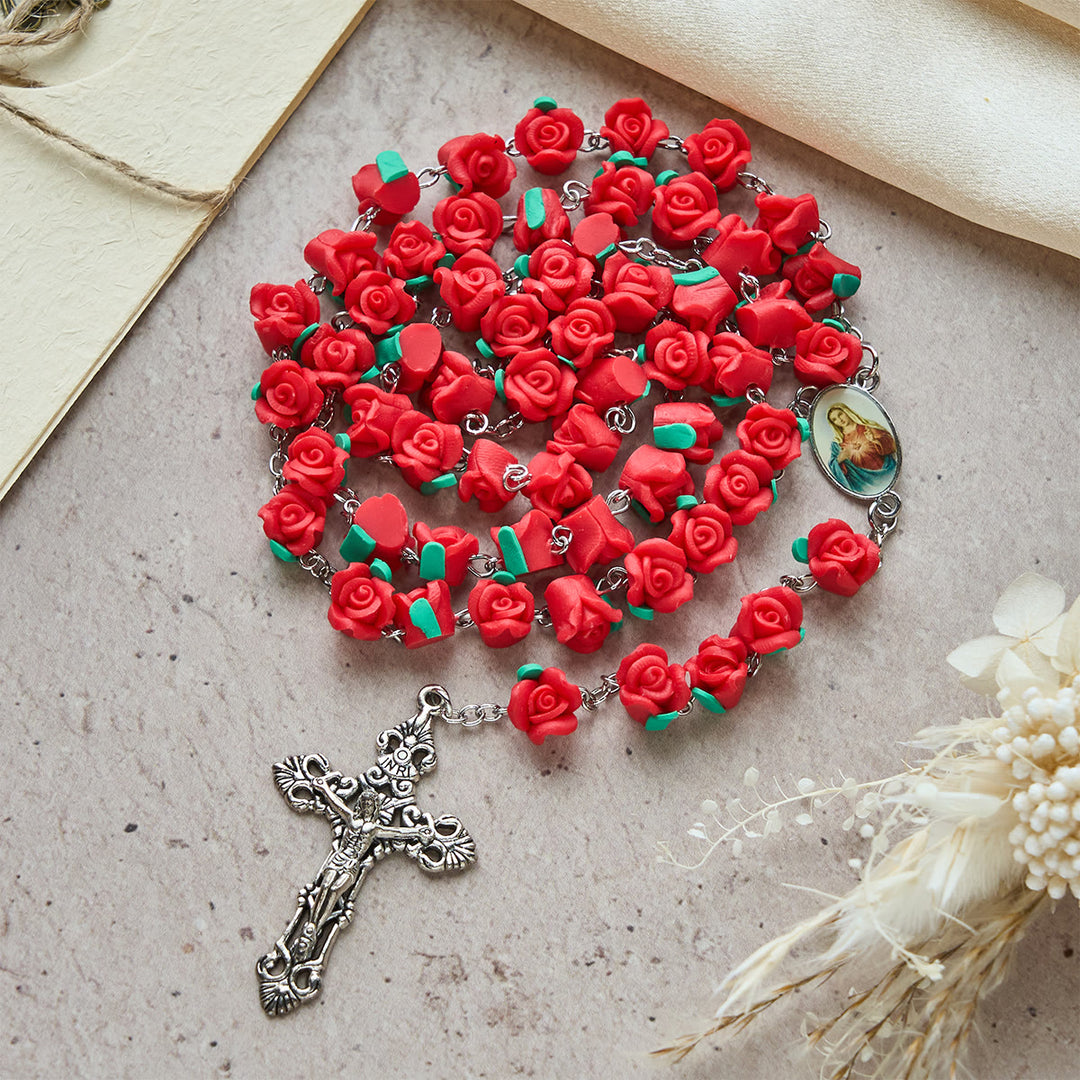 Christianartworkshop Soft Clay Rose Rosary: Floral Devotion & Handcrafted Spiritual Connection - Red - image 0