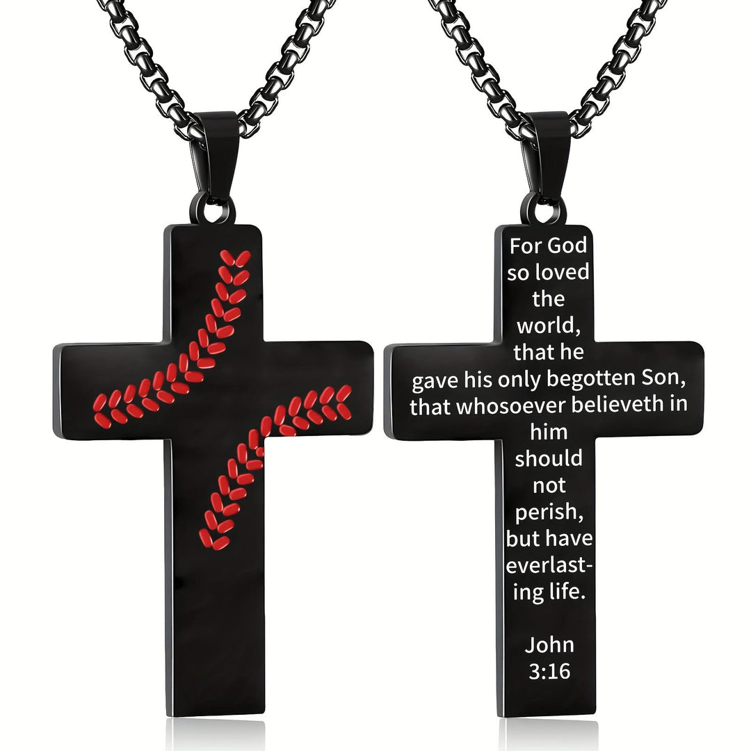 Christianartworkshop Baseball Stitch Cross Necklace: Athletic Devotion & Inspirational Quote - Black - John 3:16 - image 18