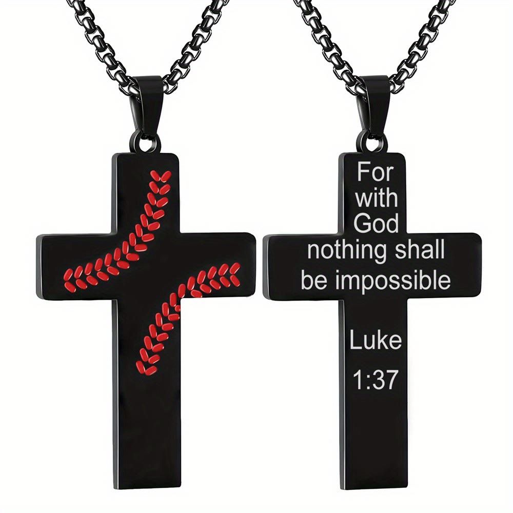 Christianartworkshop Baseball Stitch Cross Necklace: Athletic Devotion & Inspirational Quote - Black - Luke 1:37 - image 20