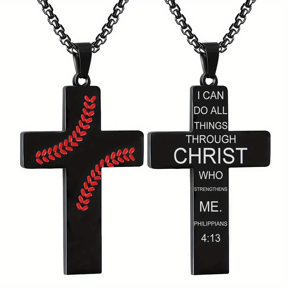 Christianartworkshop Baseball Stitch Cross Necklace: Athletic Devotion & Inspirational Quote - Black - Phinippians 4:13 - image 22