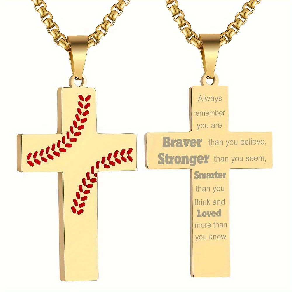 Christianartworkshop Baseball Stitch Cross Necklace: Athletic Devotion & Inspirational Quote - Golden - Always remember - image 26