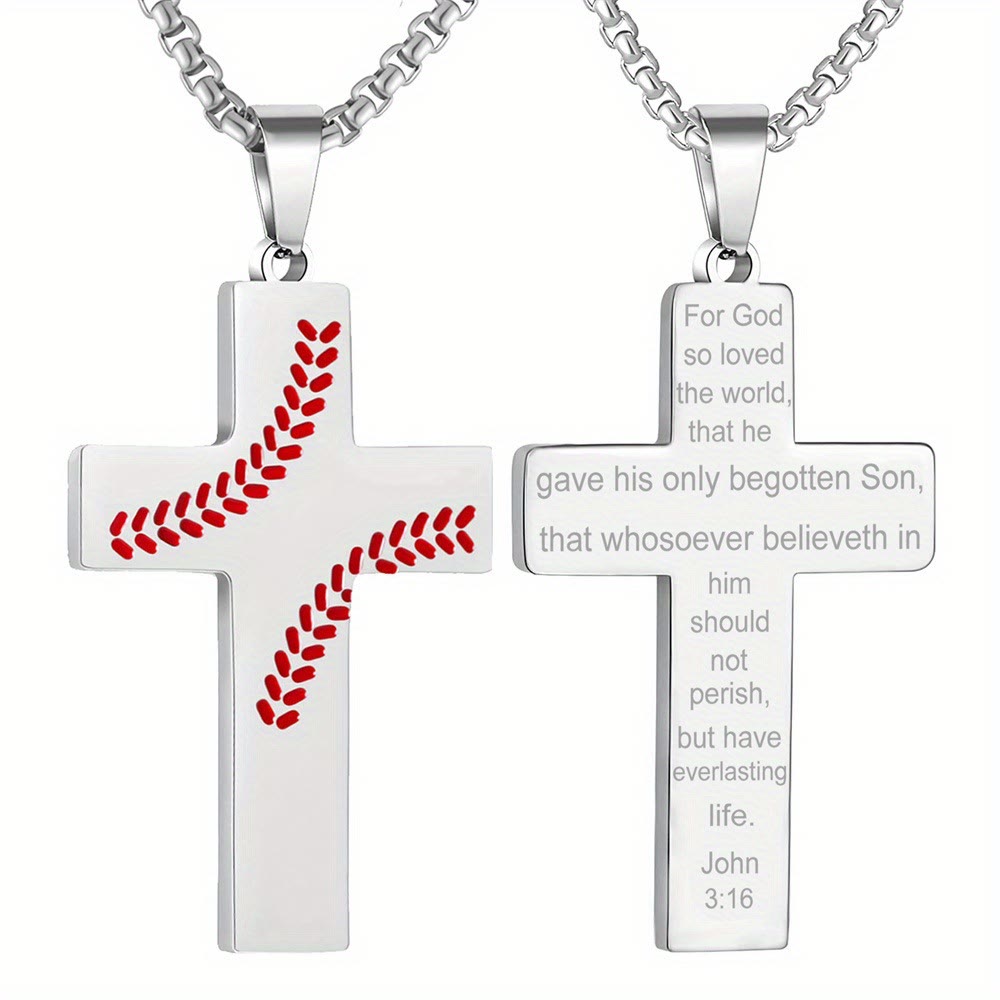 Christianartworkshop Baseball Stitch Cross Necklace: Athletic Devotion & Inspirational Quote - Silver - John 3:16 - image 5