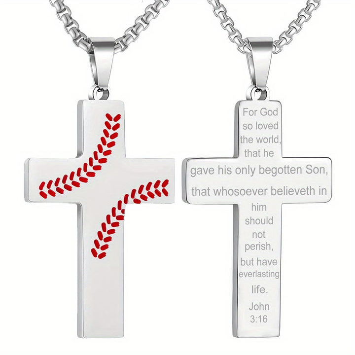 Christianartworkshop Baseball Stitch Cross Necklace: Athletic Devotion & Inspirational Quote - Silver - John 3:16 - image 5