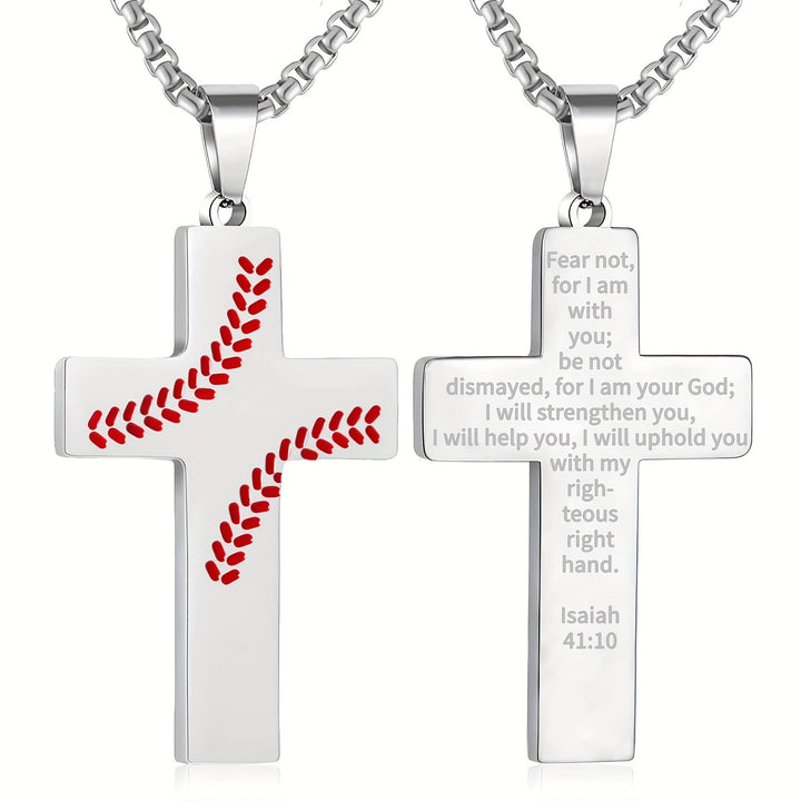 Christianartworkshop Baseball Stitch Cross Necklace: Athletic Devotion & Inspirational Quote - Silver - Isaiah 41:10 - image 6