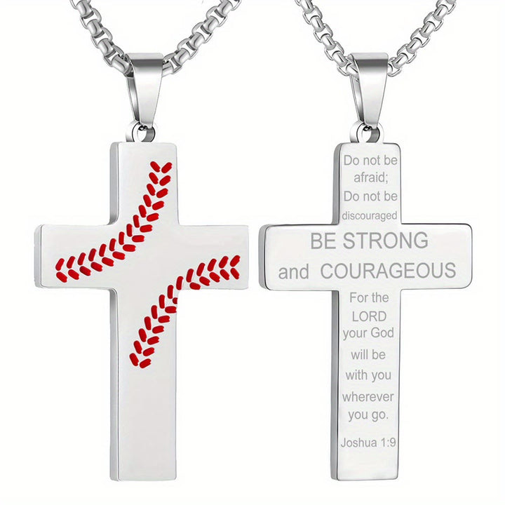 Christianartworkshop Baseball Stitch Cross Necklace: Athletic Devotion & Inspirational Quote - Silver - Joshua 1:9 - image 8