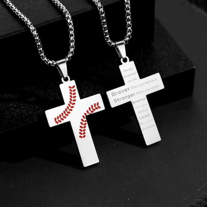 Christianartworkshop Baseball Stitch Cross Necklace: Athletic Devotion & Inspirational Quote - Silver - Always remember - image 0