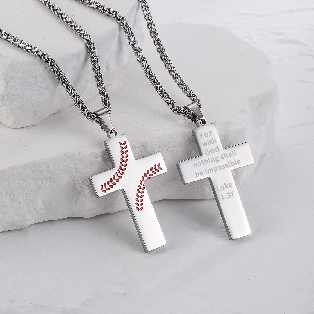 Christianartworkshop Baseball Stitch Cross Necklace: Athletic Devotion & Inspirational Quote - Silver - Luke 1:37 - image 7
