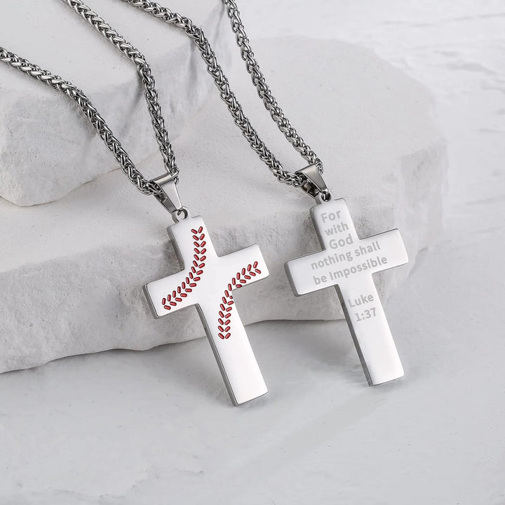 Christianartworkshop Baseball Stitch Cross Necklace: Athletic Devotion & Inspirational Quote - Silver - Luke 1:37 - image 7