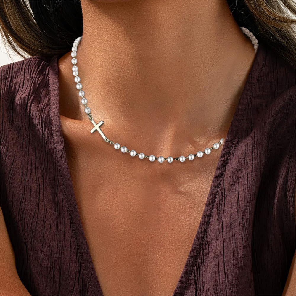 Christianartworkshop White Beads with Cross Necklace: Elegant Devotion & Faithful Grace - image 1