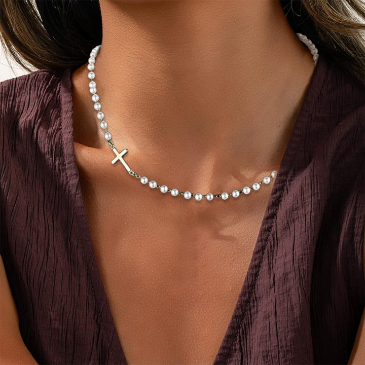 Christianartworkshop White Beads with Cross Necklace: Elegant Devotion & Faithful Grace - image 1