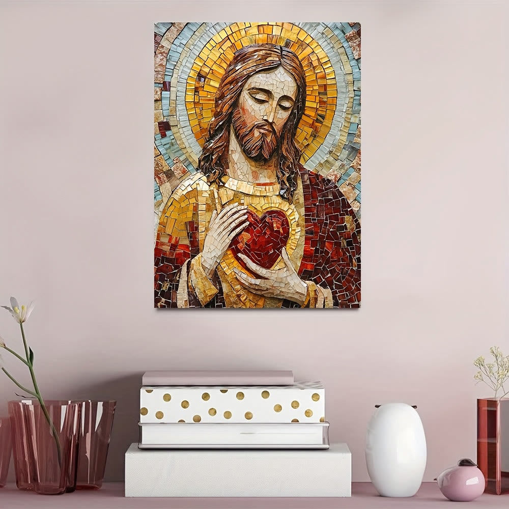 Christianartworkshop Sacred Heart Mosaic Wall Art Prints: Devotion & Artistic Reverence - Framed Canvas Painting - 11.81''*15.75''0.71"/30*40*1.8cm - image 0