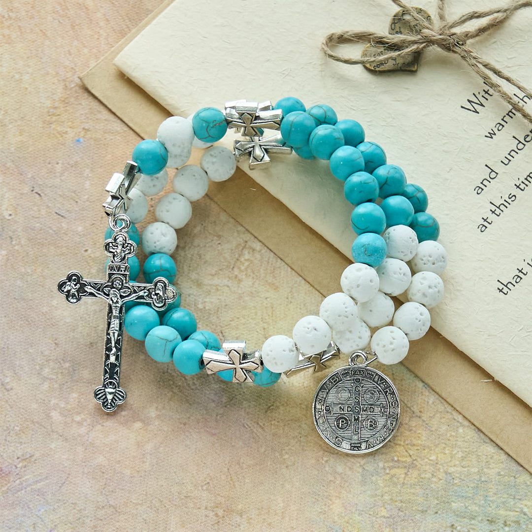 Christianartworkshop Gypsum & Turquoise Rosary Bracelet: Devotion & Heavenly Calm - Wrist Circumference: 7.09"-9.45"/18-24cm - image 0
