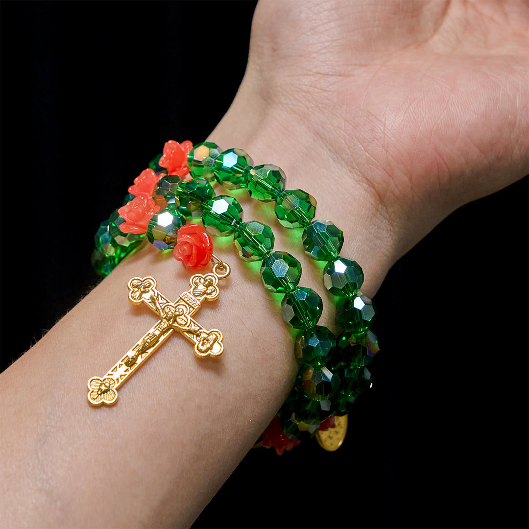 Christianartworkshop Green Crystal & Rose Rosary Bracelet: Devotion & Floral Grace - image 1