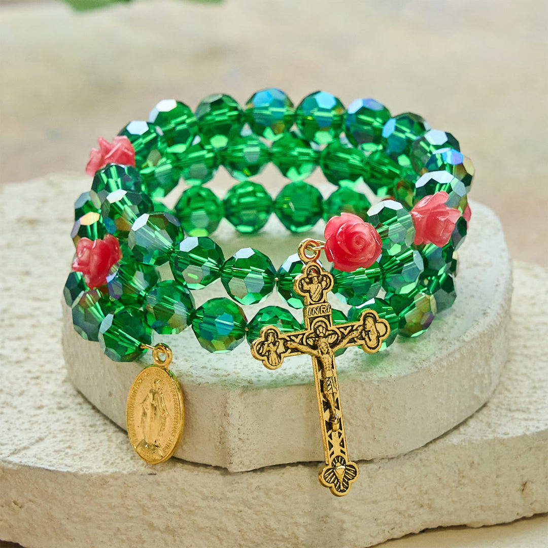 Christianartworkshop Green Crystal & Rose Rosary Bracelet: Devotion & Floral Grace - Wrist Circumference: 7.09"-9.45"/18-24cm - image 0