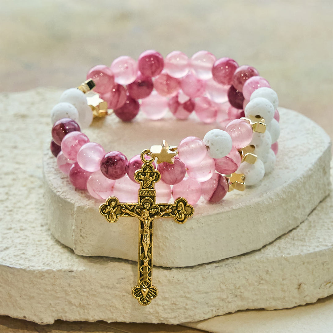 Christianartworkshop Gypsum & Rose Red Agate Rosary Bracelet: Devotion & Heavenly Softness - Wrist Circumference: 7.09"-9.45"/18-24cm - image 0