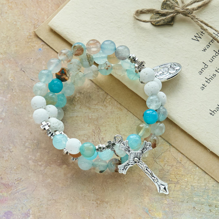 Christianartworkshop Gypsum & Blue Vein Agate Rosary Bracelet: Devotion & Heavenly Serenity - image 3