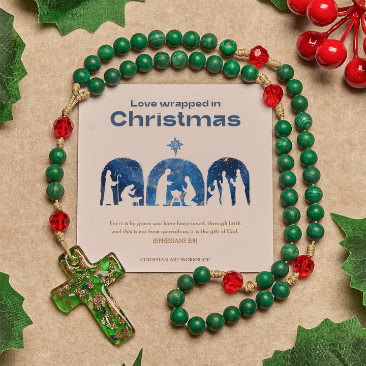 Christianartworkshop Christmas Gift: Green Patterned Stone Rosary for Devout Prayer: Green-Golden Glass Cross - Love Wrapped in Christmas - image 0