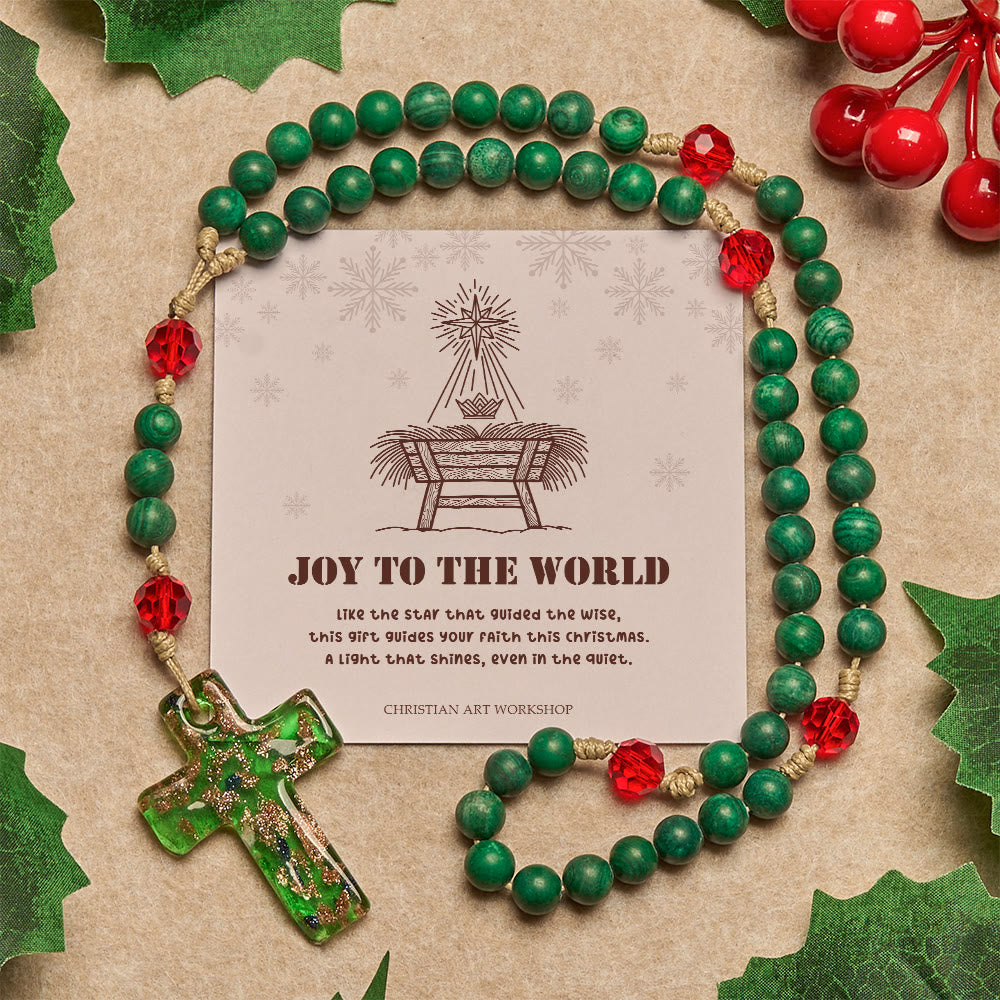 Christianartworkshop Christmas Gift: Green Patterned Stone Rosary for Devout Prayer: Green-Golden Glass Cross - Joy To The World - image 1