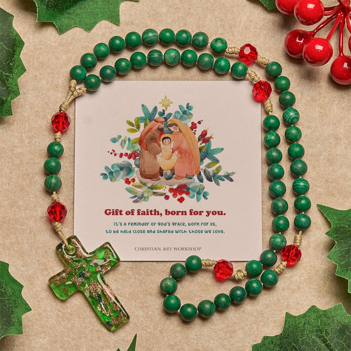 Christianartworkshop Christmas Gift: Green Patterned Stone Rosary for Devout Prayer: Green-Golden Glass Cross - Gift of Faith Born for You - image 3