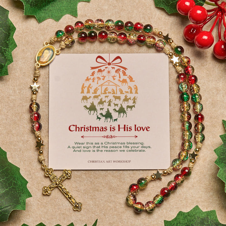 Christianartworkshop Christmas Gift: Christmas Glass Bead Rosary: Our Lady of Guadalupe Medal & Golden Crucifix - Christmas is His Love - image 2