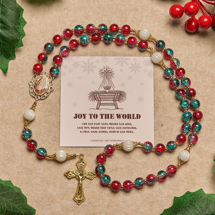Christianartworkshop Christmas Gift: Christmas Red-Blue Glass Bead Rosary: Our Lady Medal & Ornate Cross - Joy To The World - image 2