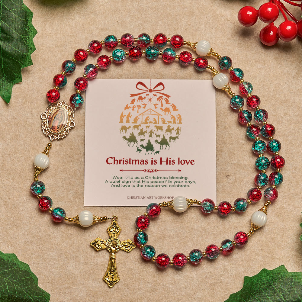 Christianartworkshop Christmas Gift: Christmas Red-Blue Glass Bead Rosary: Our Lady Medal & Ornate Cross - Christmas is His Love - image 0