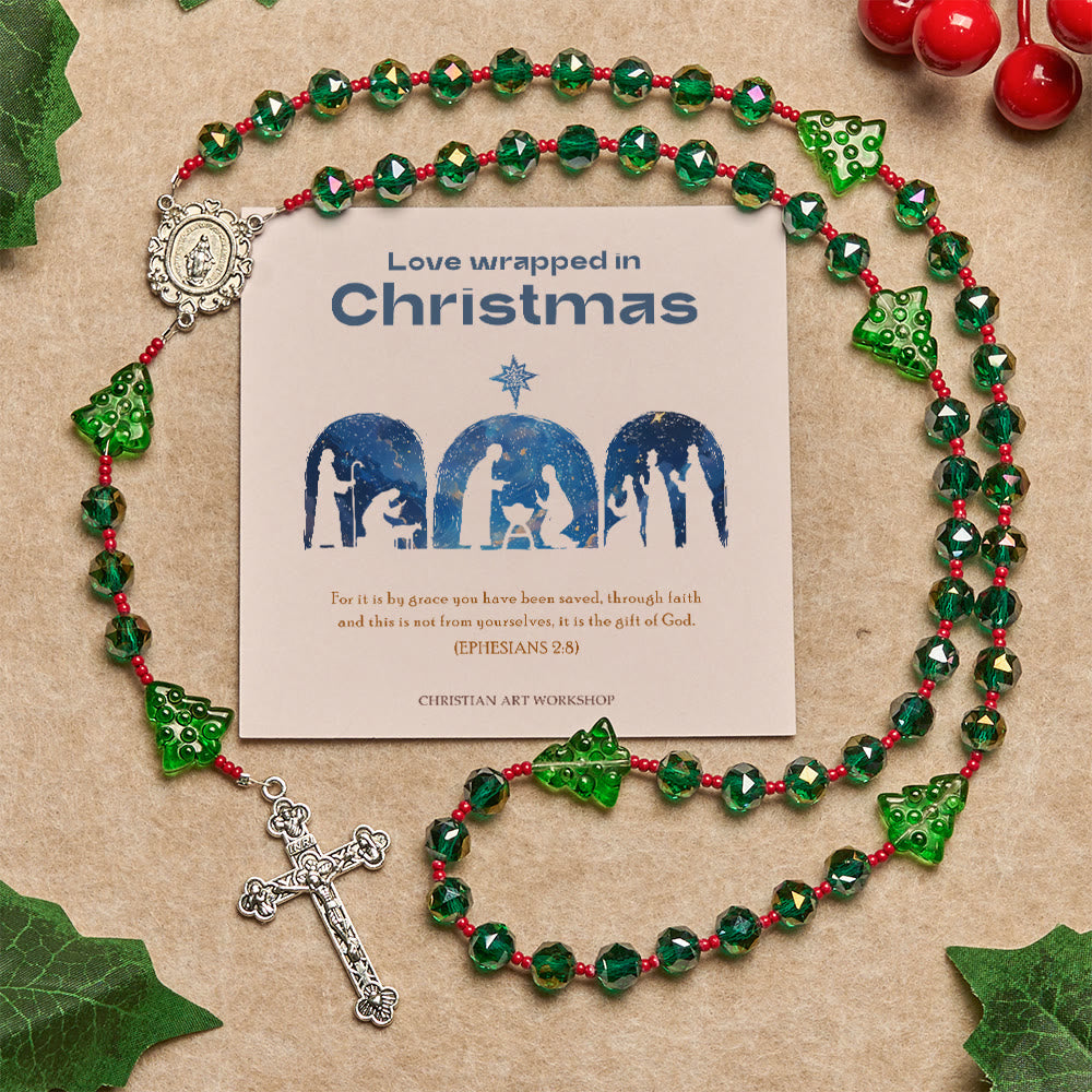 Christianartworkshop Christmas Gift: Joyful Green Tree of Hope Christmas Rosary: Celebrate Christ's Birth - Love Wrapped in Christmas - image 1
