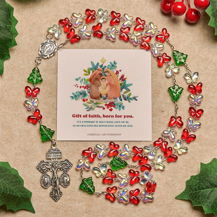Christianartworkshop Christmas Gift: Blessed Christmas Tree Rosary with Crystal Butterfly Beads - Gift of Faith Born for You - image 3
