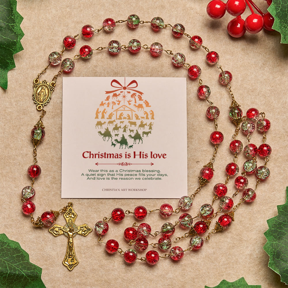 Christianartworkshop Christmas Gift: Christmas - Themed Red Bead Rosary with Golden Crucifix & Madonna Medal - Christmas is His Love - image 3