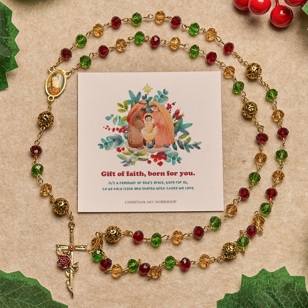 Christianartworkshop Christmas Gift: Vintage Red Green Faceted Beads Christmas Rosary with Our Lady & Rose Crucifix - Gift of Faith Born for You - image 0