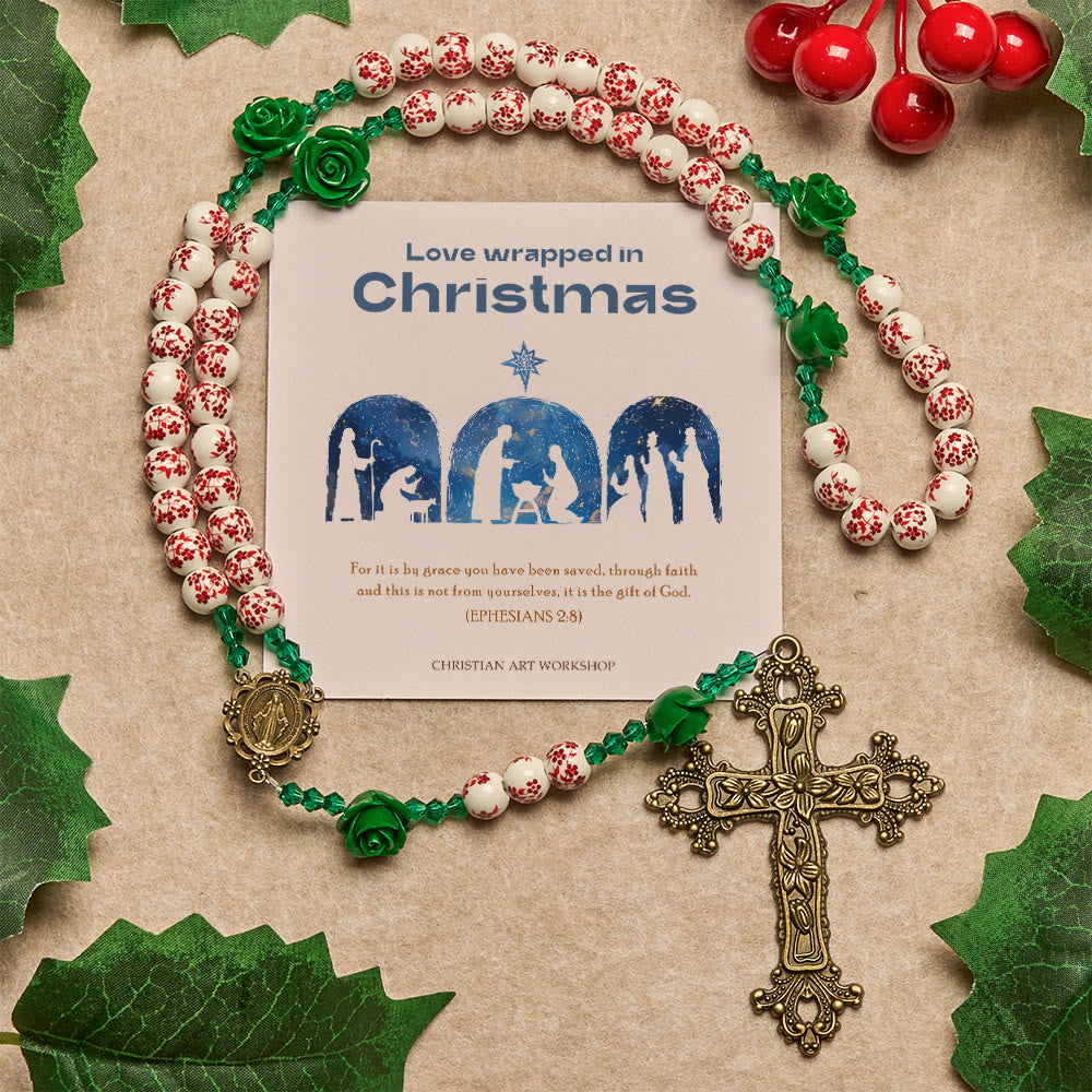 Christianartworkshop Christmas Gift: Red Floral Ceramic Beads Rosary with Green Rose: The Garden of Mary's Love - Love Wrapped in Christmas - image 0