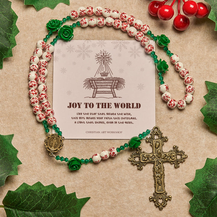 Christianartworkshop Christmas Gift: Red Floral Ceramic Beads Rosary with Green Rose: The Garden of Mary's Love - Joy To The World - image 1