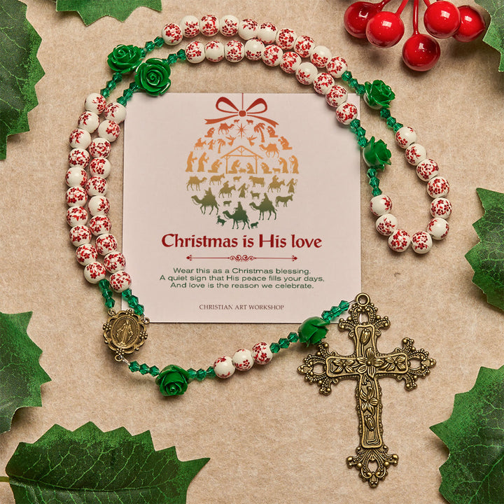 Christianartworkshop Christmas Gift: Red Floral Ceramic Beads Rosary with Green Rose: The Garden of Mary's Love - Christmas is His Love - image 2