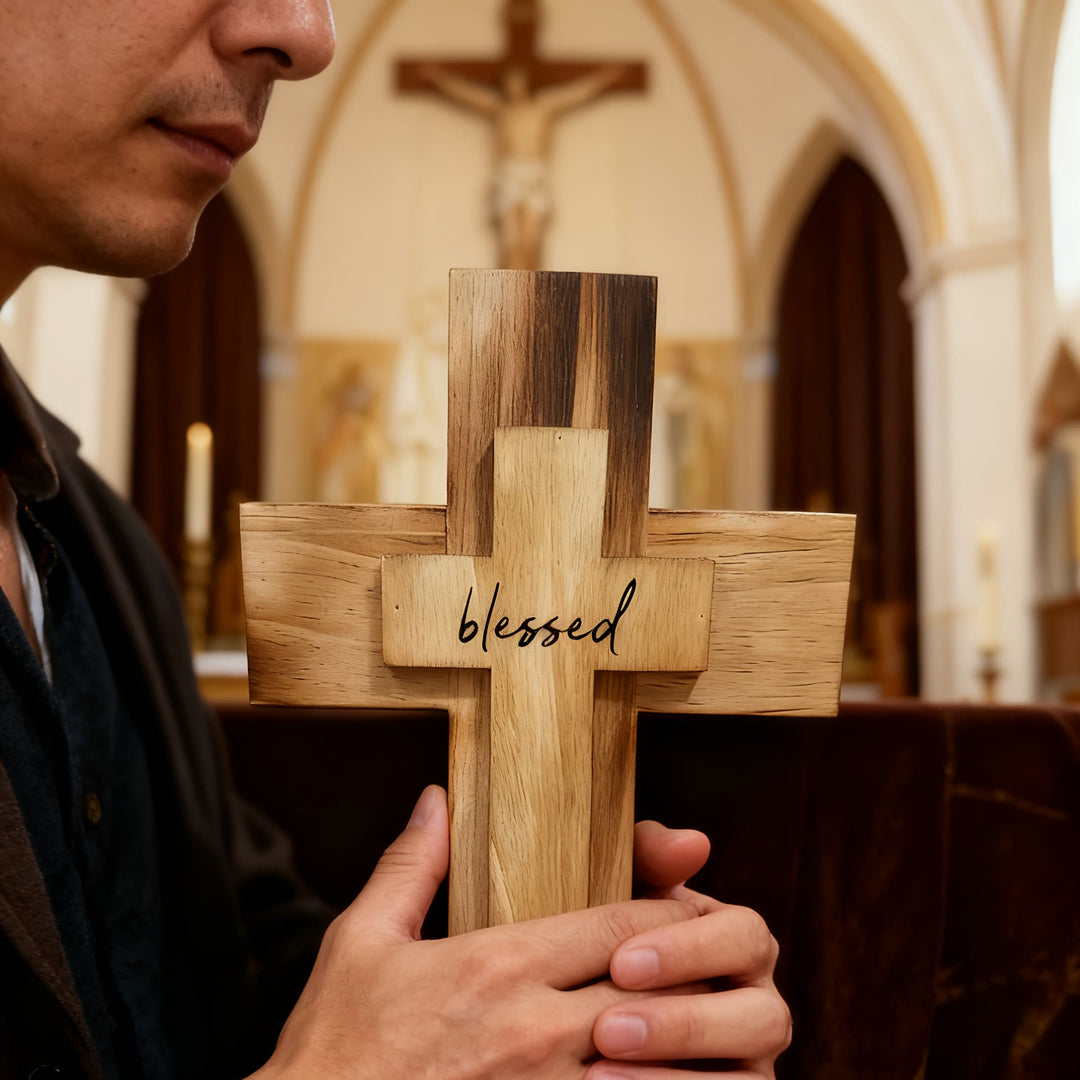Christianartworkshop Layered Wooden Cross with Blessed: Embody Faith & Divine Grace in Home Decor - Cross with Blessed - image 0