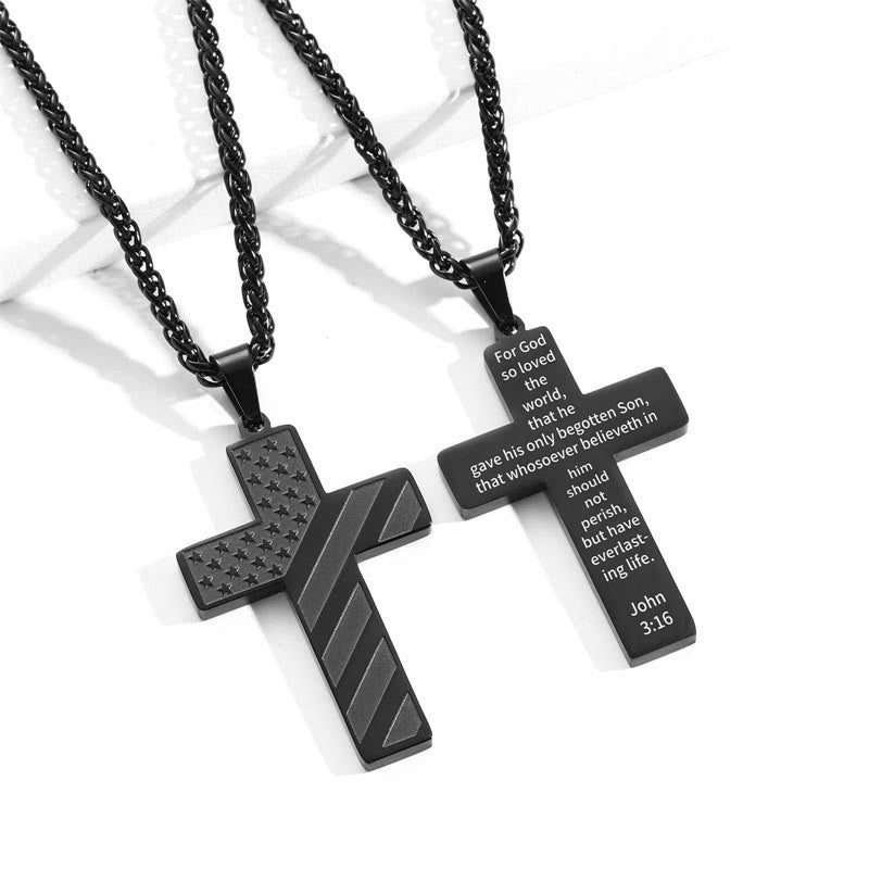 Christianartworkshop Tri-Color Cross Necklace with American Flag & Scripture: A Patriotic Expression - Black - John 3:16 - image 5