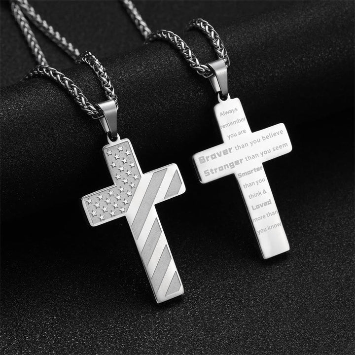 Christianartworkshop Tri-Color Cross Necklace with American Flag & Scripture: A Patriotic Expression - Silver - Always remember - image 17