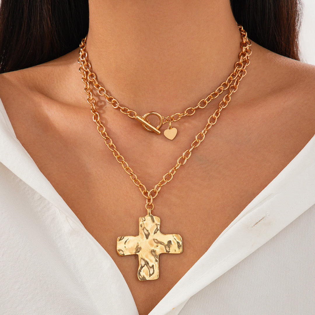 Christianartworkshop Hammered Cross Series Necklace: Contemporary Faith & Stylish Devotion - Double Layer Golden Cross - image 0
