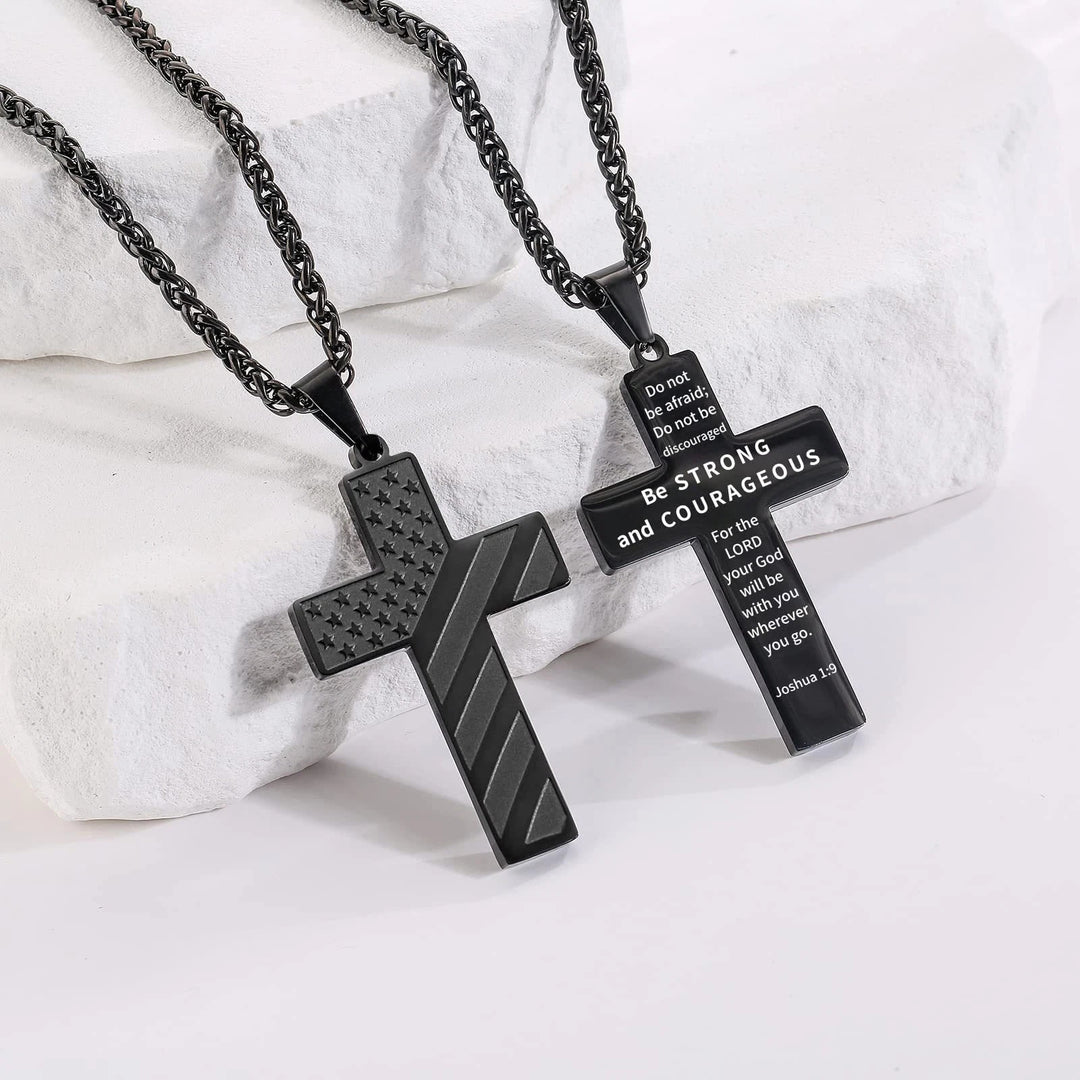 Christianartworkshop Tri-Color Cross Necklace with American Flag & Scripture: A Patriotic Expression - Black - Joshua 1:9 - image 0