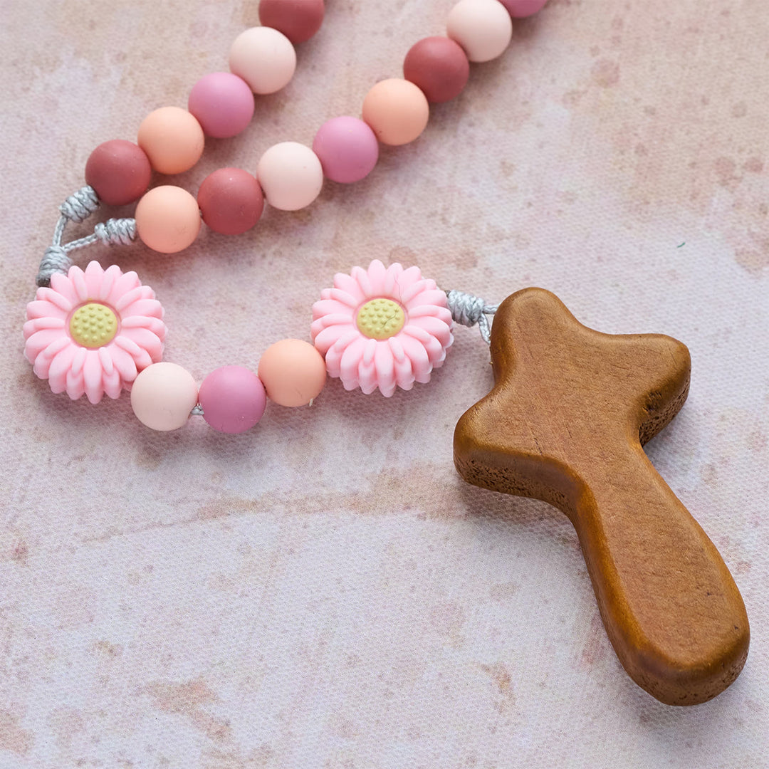 Christianartworkshop Children’s Silicone Pink Daisy Rosary with Wood Cross - image 8