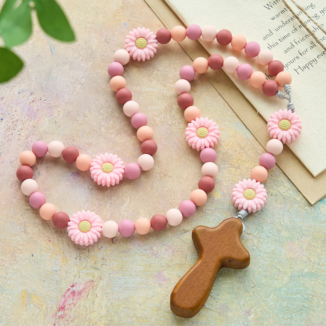 Christianartworkshop Children’s Silicone Pink Daisy Rosary with Wood Cross - Daisy Children Rosary - image 0
