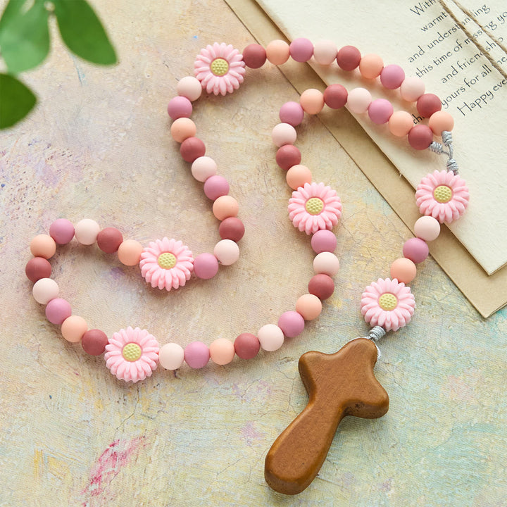 Christianartworkshop Children’s Silicone Pink Daisy Rosary with Wood Cross - Daisy Children Rosary - image 0