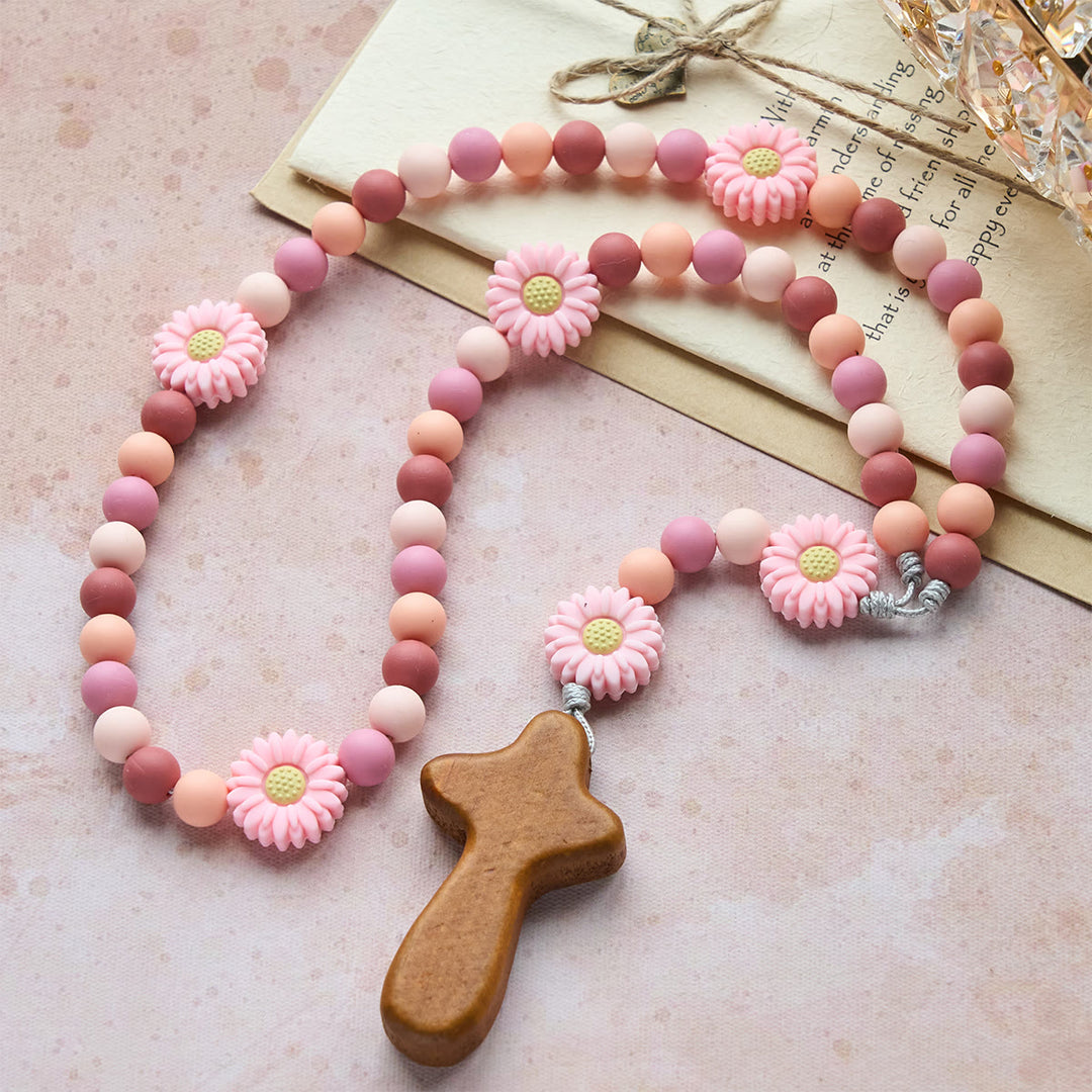 Christianartworkshop Children’s Silicone Pink Daisy Rosary with Wood Cross - image 4